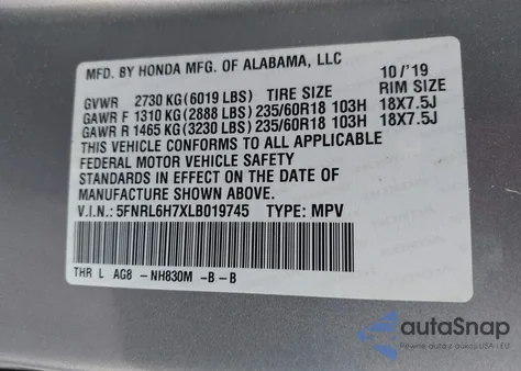 2020 Honda Odyssey Ex-L/Ex-L W/Navi Res из США, поврежденный, VIN 5FNRL6H7XLB019745